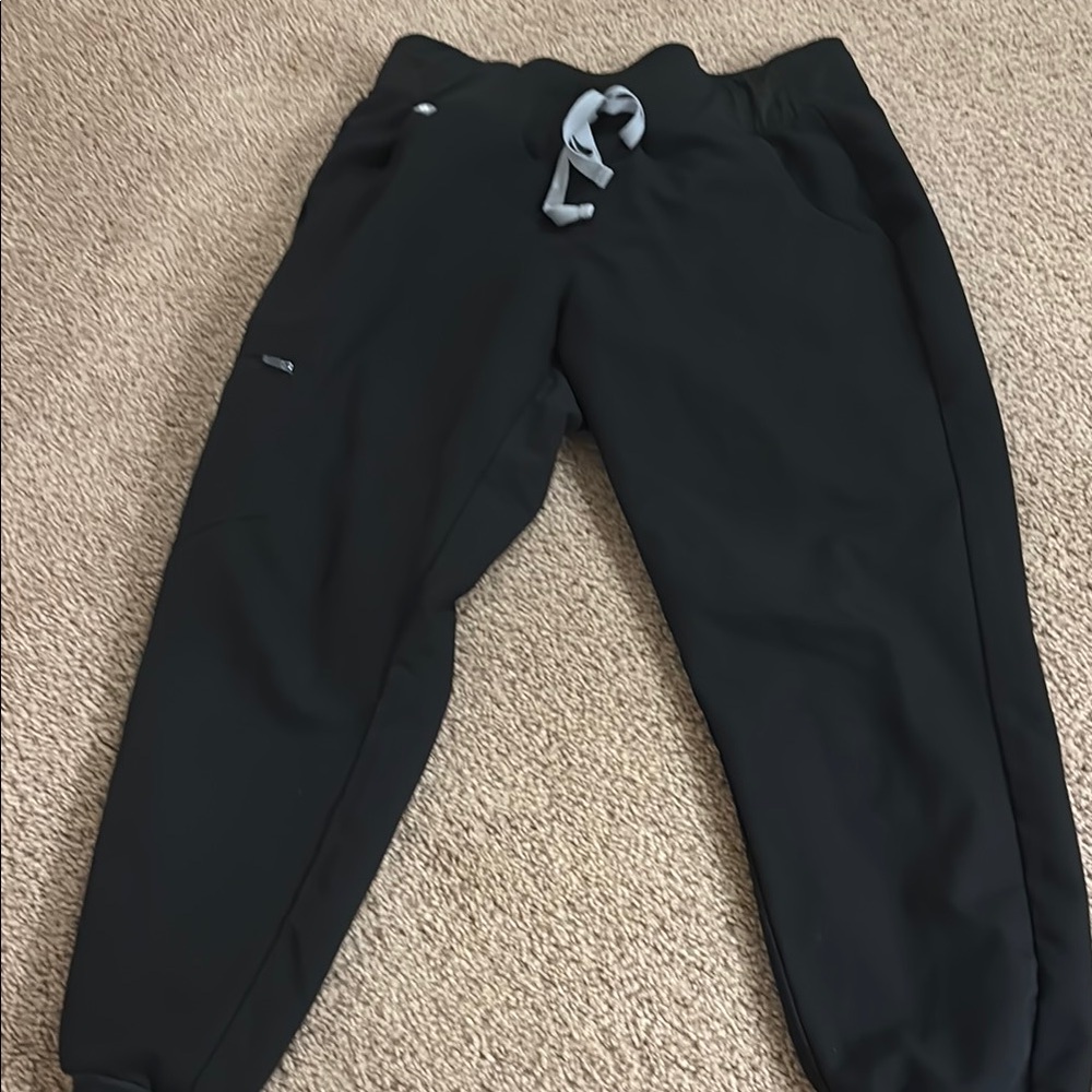 Figs Black Jogger Scrubs with Gray Drawstring